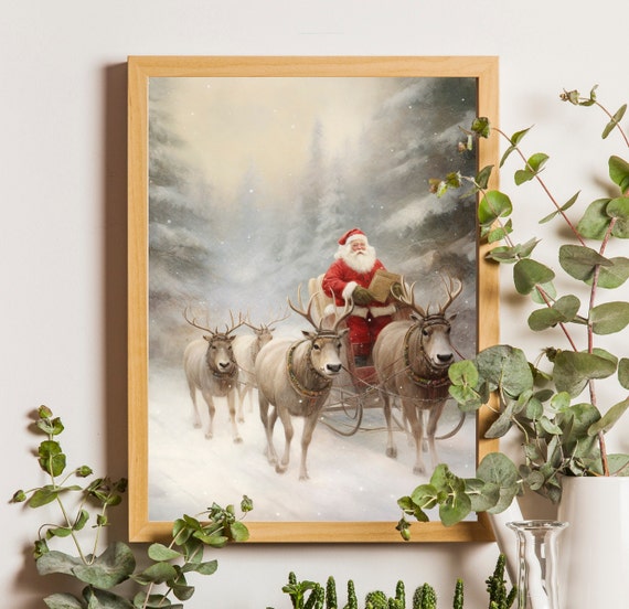 Santa Claus On Sleigh Reindeers Father Christmas On Sleigh Santa Wall Art Santa Artwork Moody Christmas Artwork