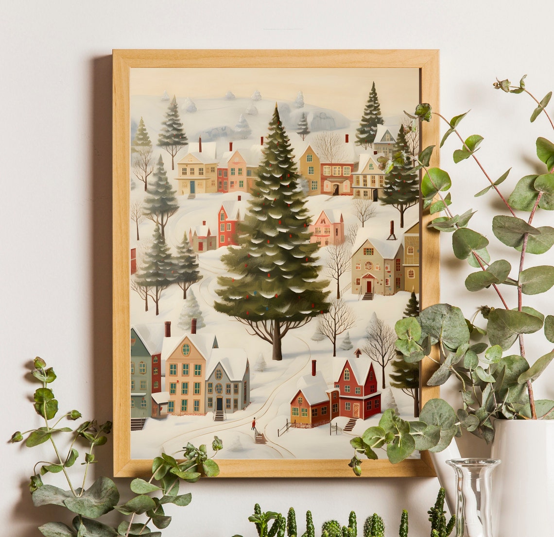 Folk Art Snowy Village with Giant Christmas Tree at Its Center Poster
