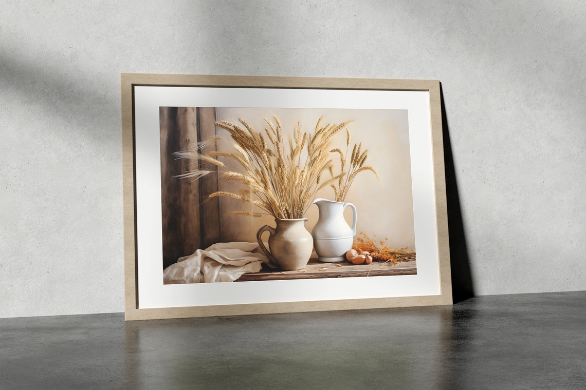 Wheat Sheaves in an Earthenware Jug Rustic Harvest Table Wall Art - Image 3