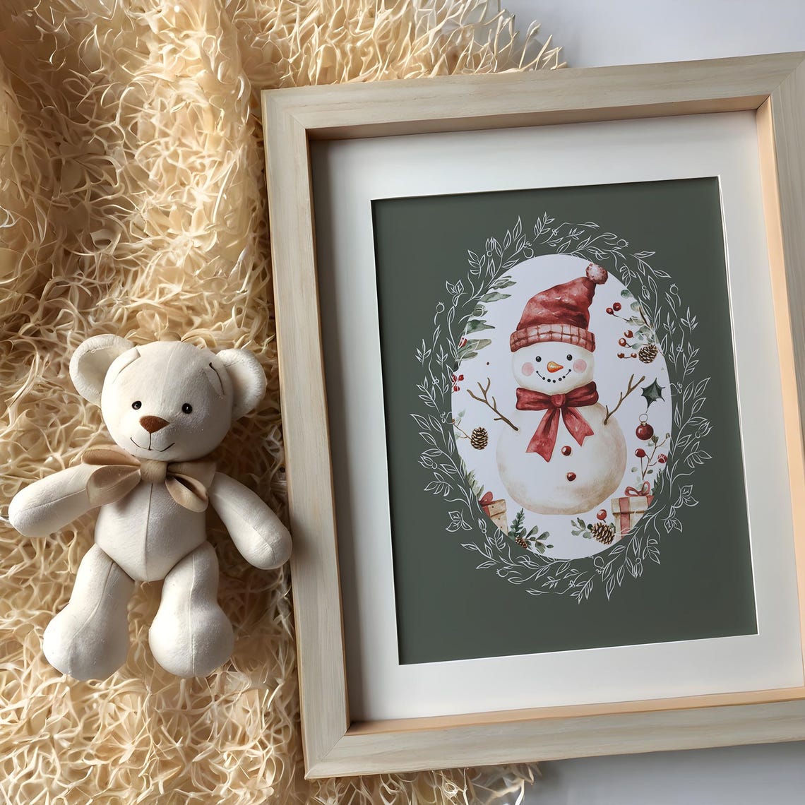 Cute Watercolor Snowman in Red Hat Inside Botanical Oval Frame Poster - Image 3