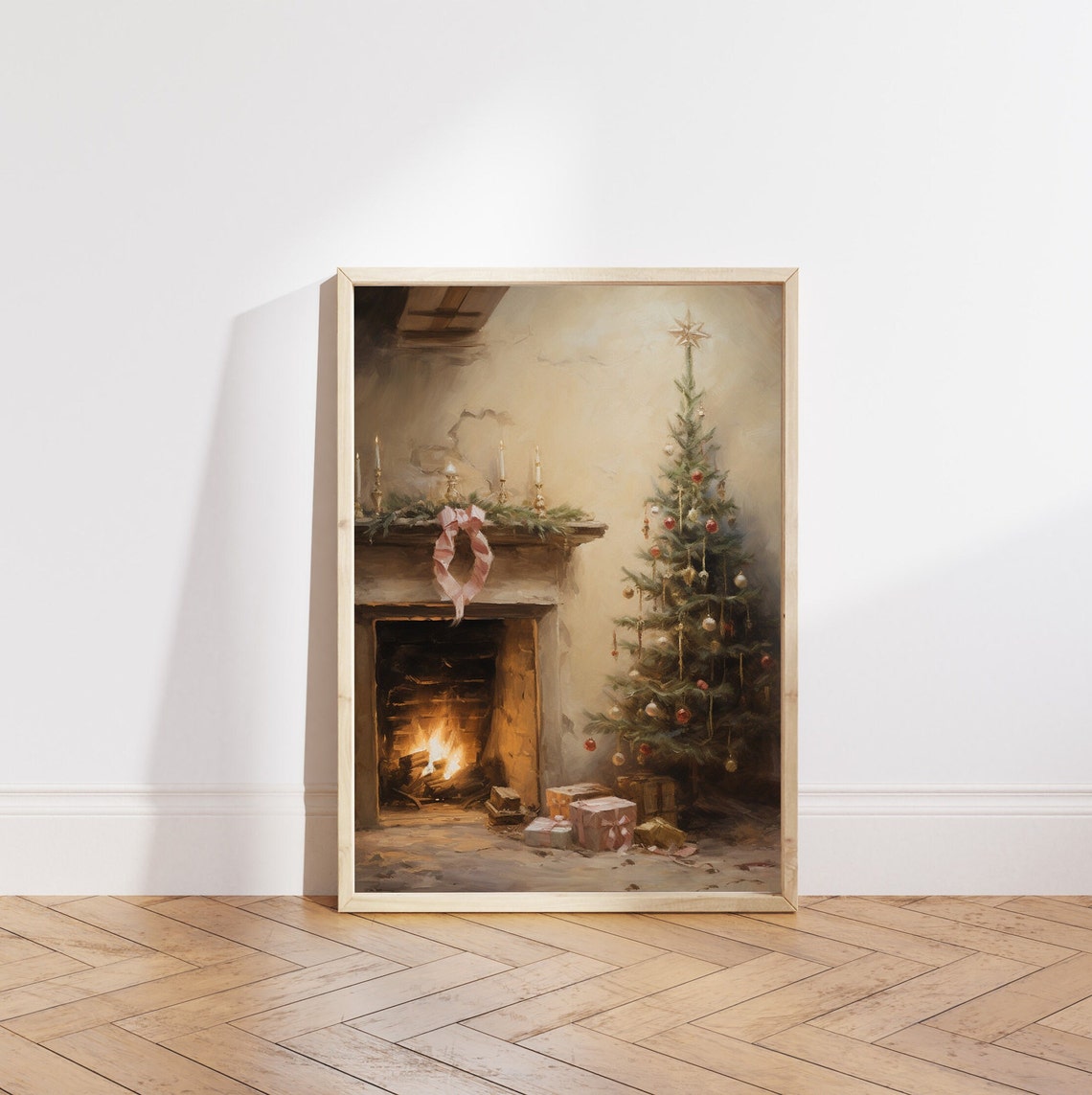 Rustic Fireplace with Lit Fire Candles and Pink Ribbon Bow Poster - Image 5