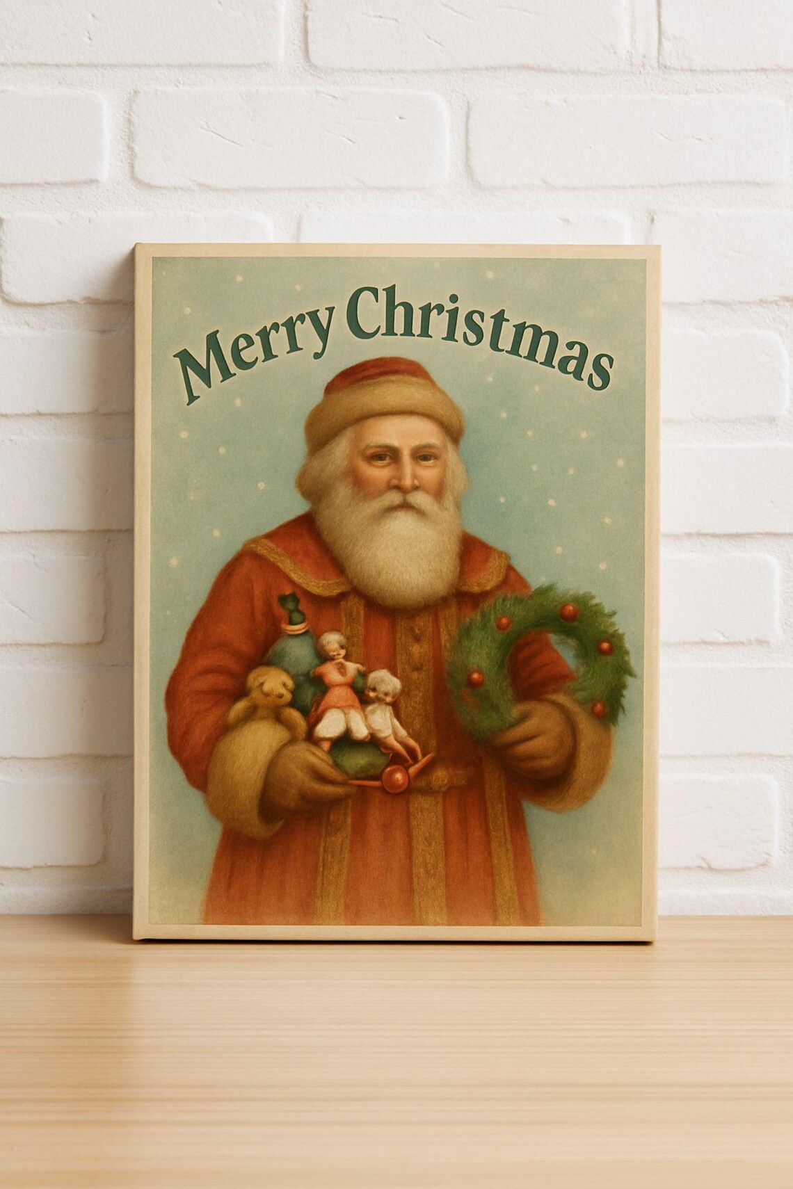 Merry Christmas Victorian Santa Toys Wreath Vintage Holiday Art Poster