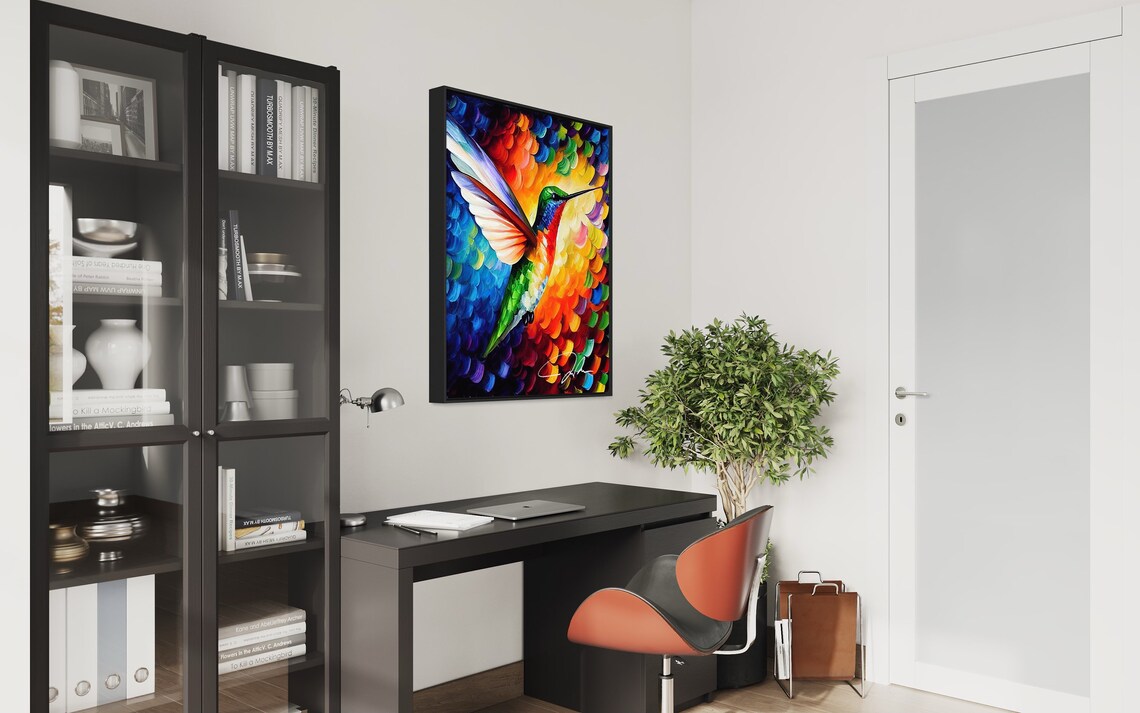 Colorful Hummingbird In Flight Jewel Tone Oil Painting Art Poster - Image 3