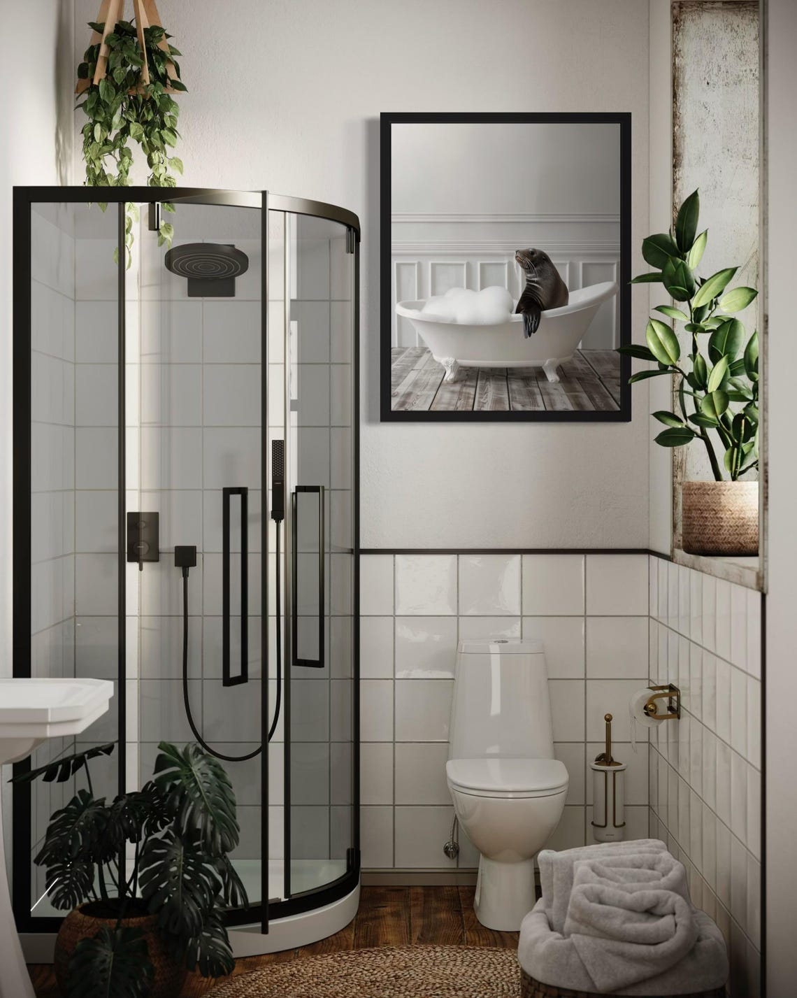 Seal Animal In Bathtub Art Print Poster Original Artwork Painting Bathroom Prints Decor - Image 4