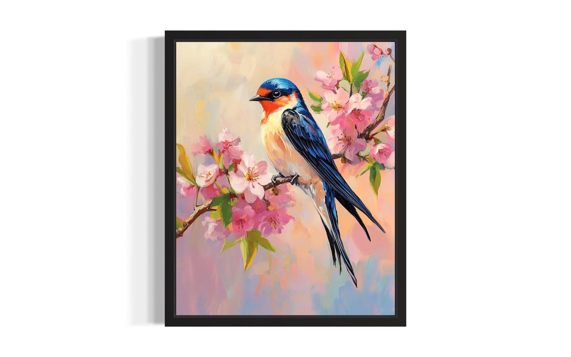 Barn Swallow on Cherry Blossom Branch Spring Bird Painting Poster