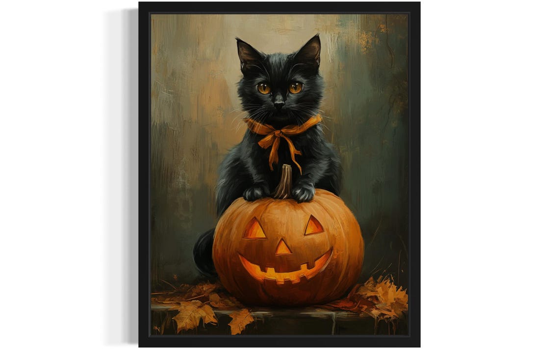 Black Cat Sitting On Glowing Jack O Lantern Halloween Night Poster