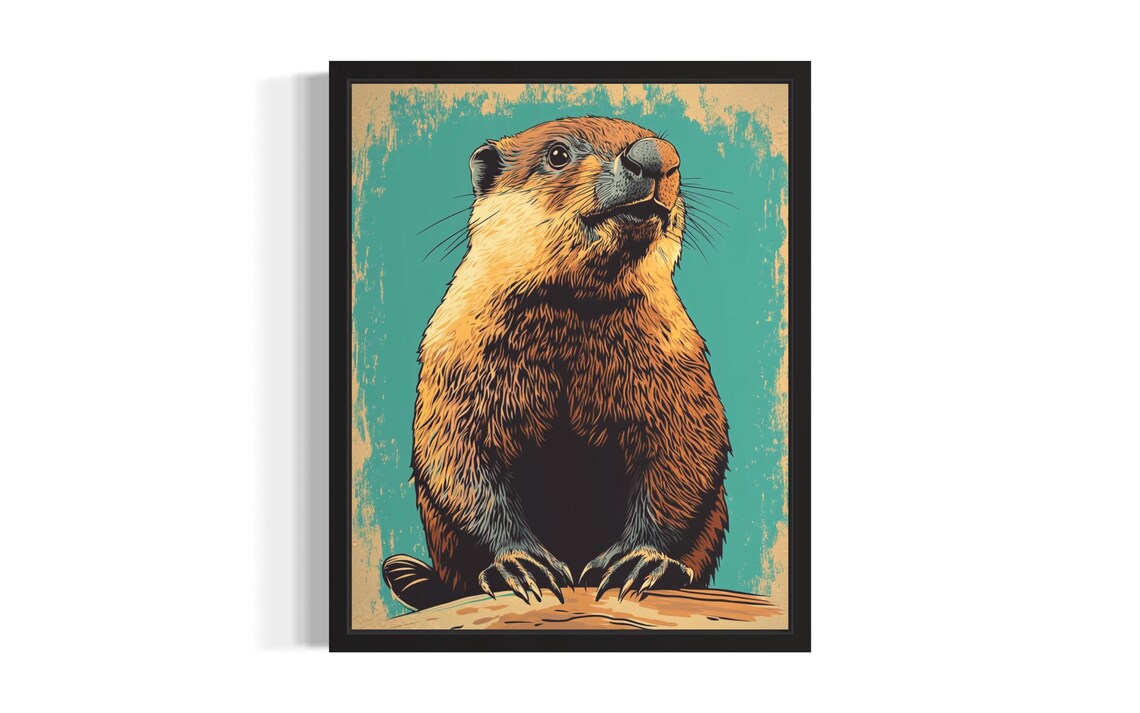 Beaver Pop Art Portrait Teal Background Vintage Style Animal Poster