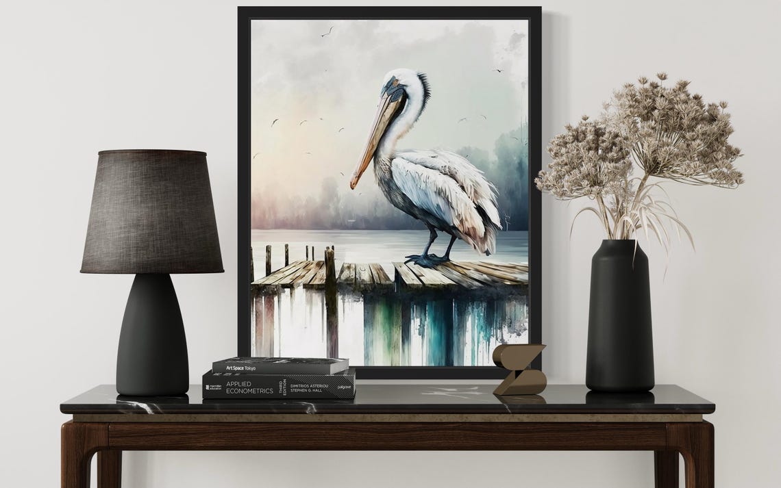 White Pelican Resting on Weathered Wooden Pier Watercolor Poster - Image 2