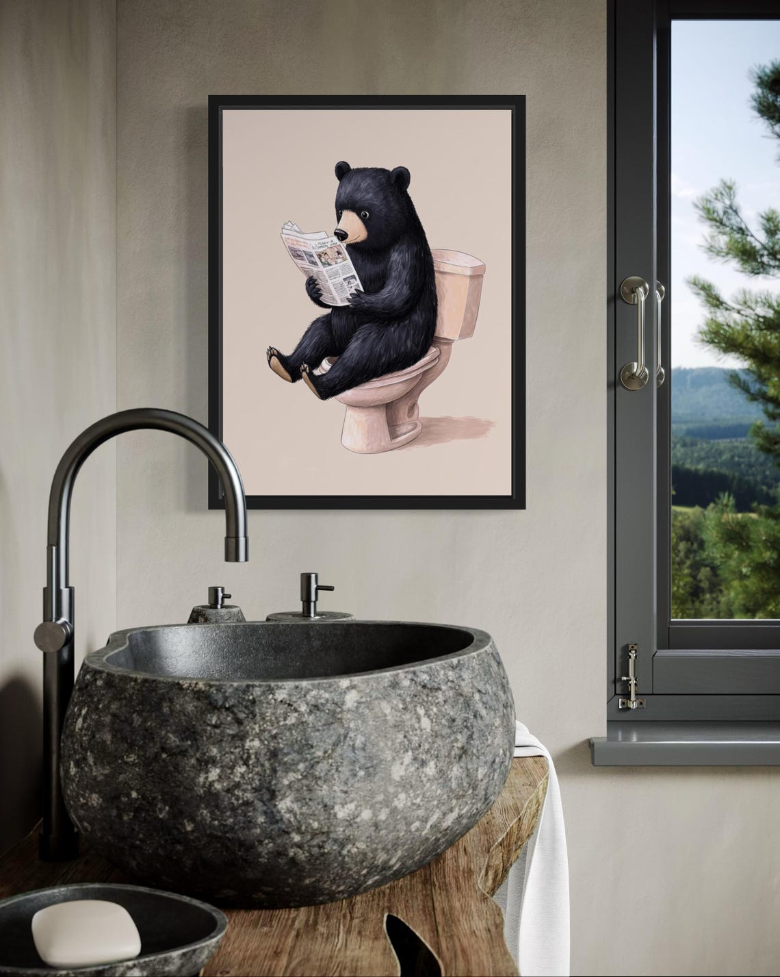 Black Bear Reading Newspaper on Toilet Funny Kids Bathroom Poster - Image 2