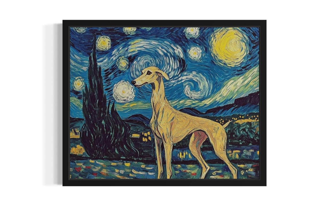 Whippet Starry Night Van Gogh Style Standing Dog Portrait Poster