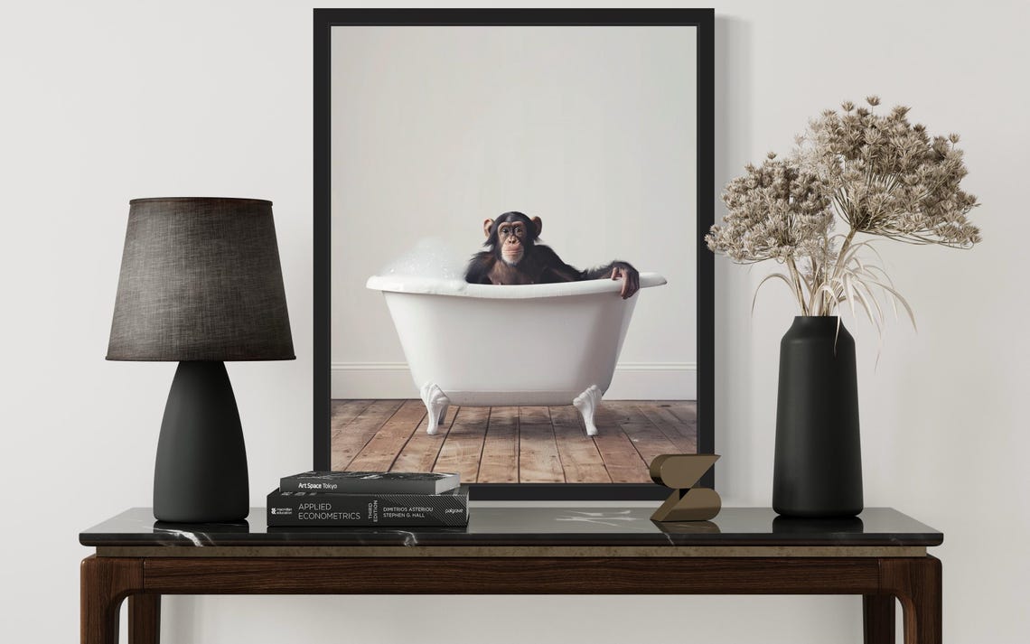 Playful Baby Chimpanzee Taking Bubble Bath Vintage Tub Funny Poster - Image 2