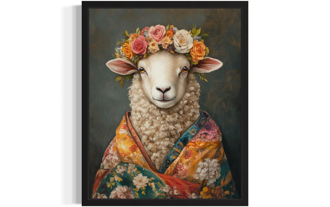 Smiling Sheep Wearing Flower Crown and Floral Kimono Art Poster