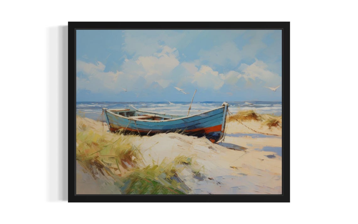 Blue Rowboat Resting on Sandy Beach Dunes Original Painting Poster