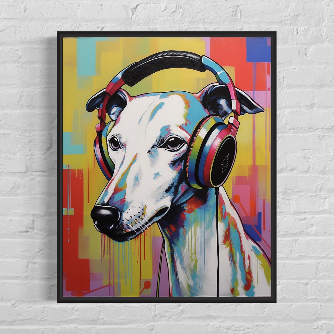 Whippet Wearing Headphones Colorful Pop Art Dog Portrait Poster