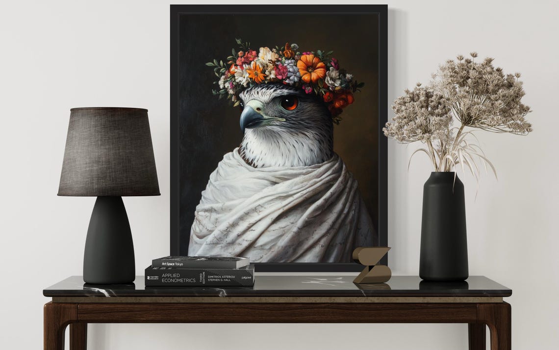 Fierce Falcon Portrait with Orange Flower Crown White Drape Poster - Image 2