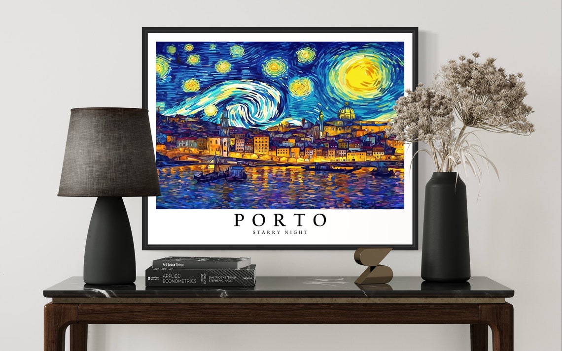 Porto Portugal Starry Night Glowing Riverside Cityscape Poster - Image 3