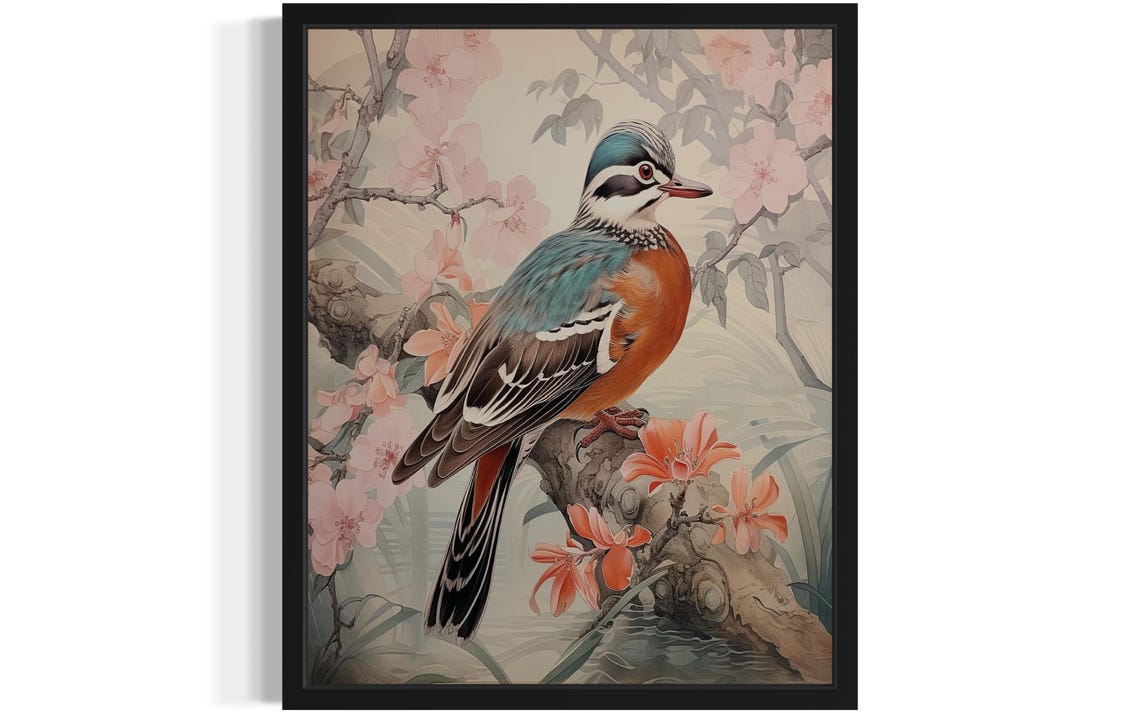 Mandarin Duck Among Pink Cherry Blossoms Vintage Waterfowl Poster