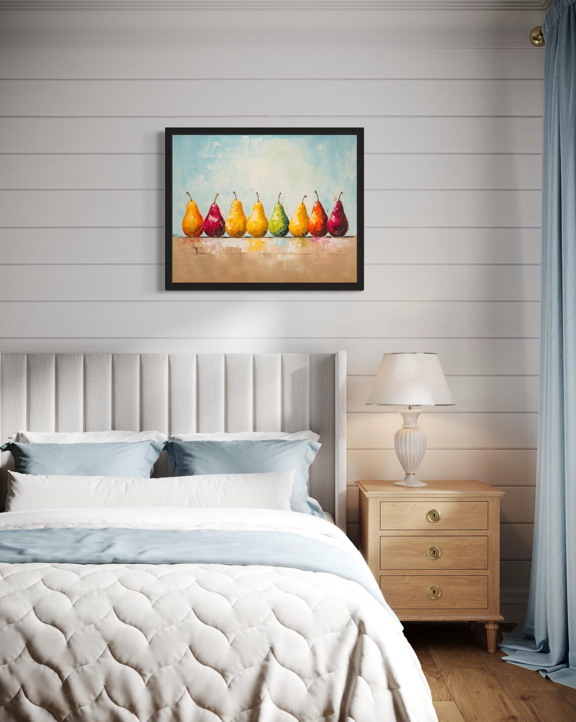 Colorful Row of Ripe Pears on Wooden Shelf Still Life Painting Poster - Image 4
