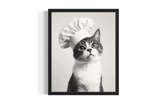 Cat Chef In White Hat Black And White Funny Kitchen Poster For Cooks