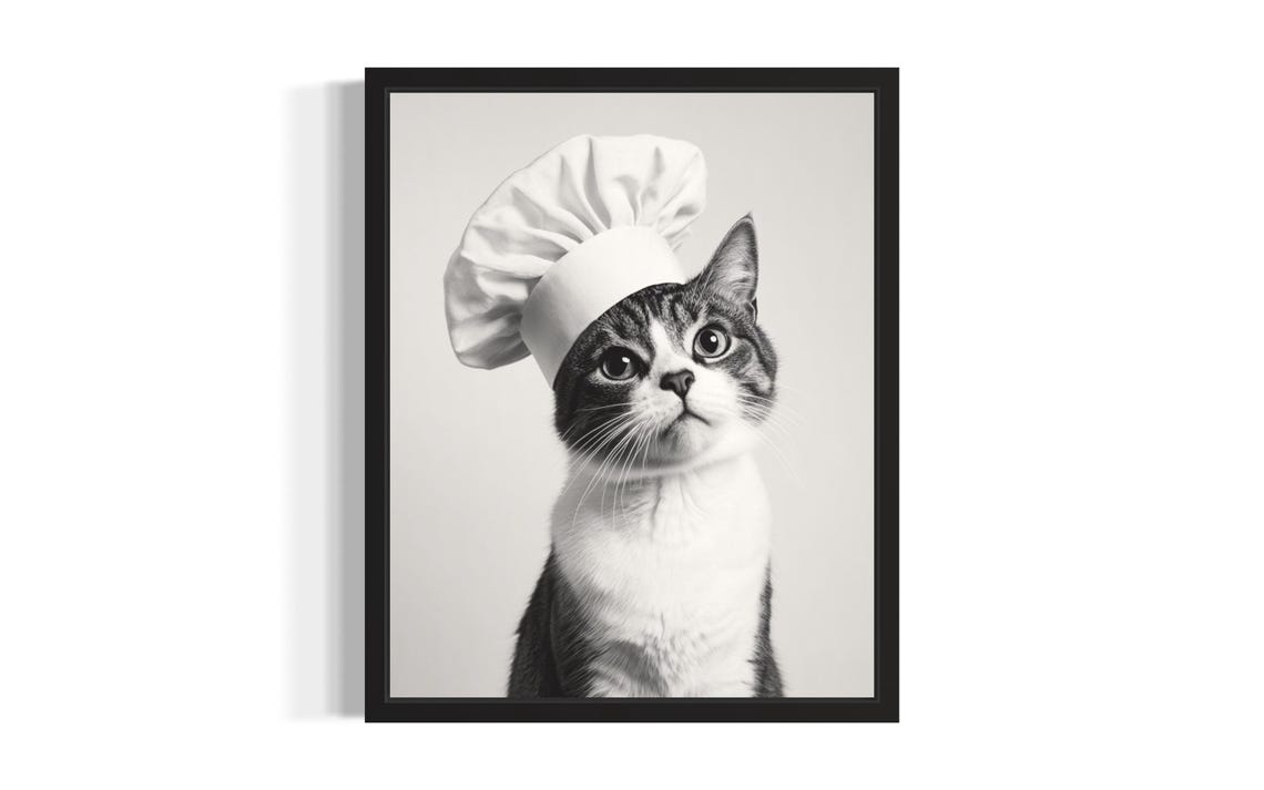 Cat Chef In White Hat Black And White Funny Kitchen Poster For Cooks