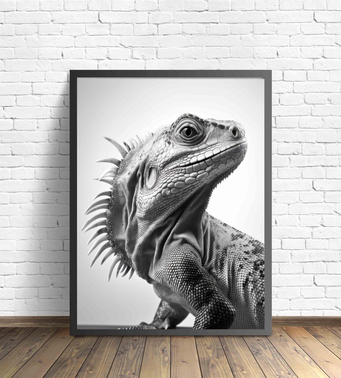 Striking Iguana Close Up Portrait in Black and White Art Poster - Image 3