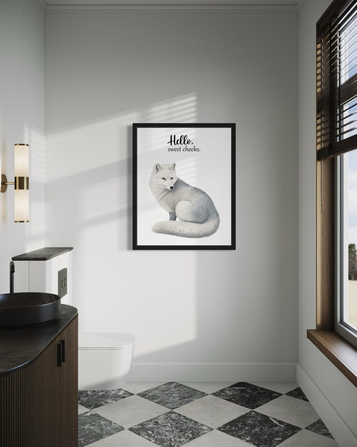 Fluffy Arctic Fox Sitting Hello Sweet Cheeks Funny Bathroom Poster - Image 4