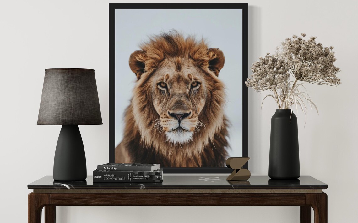 Regal Male Lion Frontal Portrait on Gray Background Photo Poster - Image 2