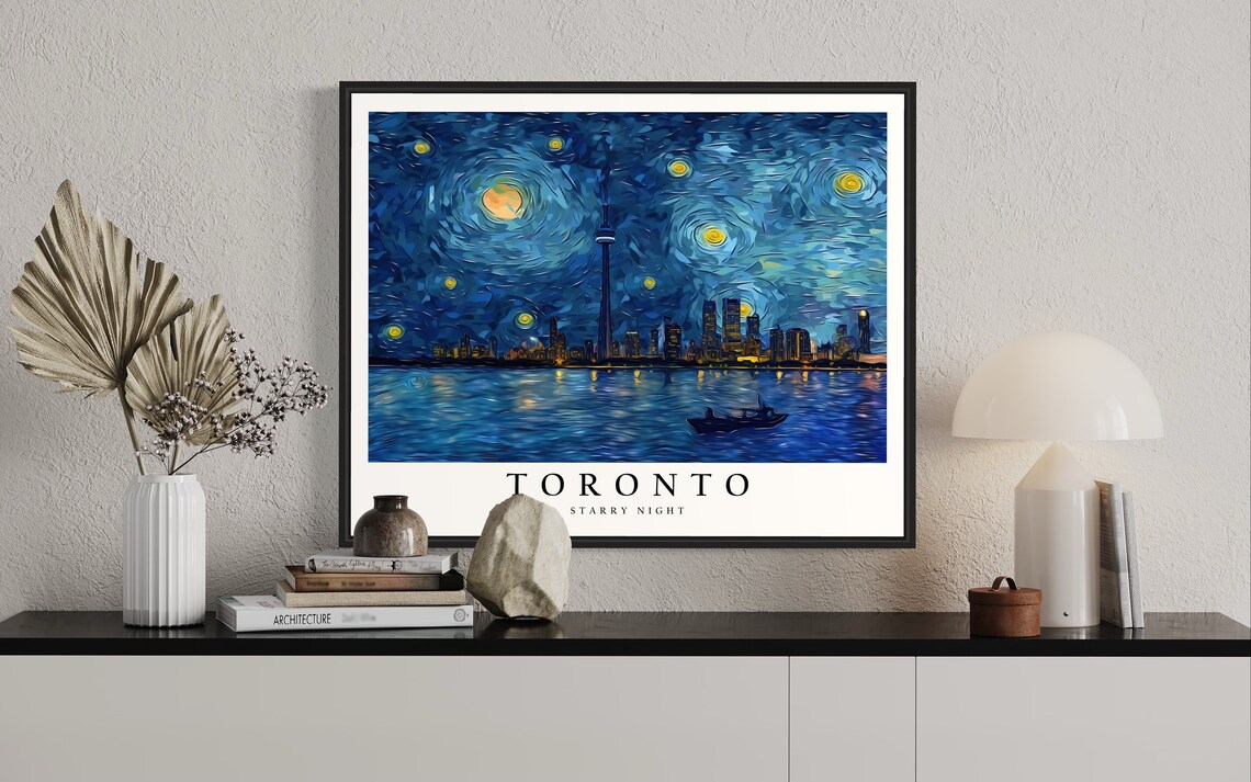 Toronto Starry Night CN Tower Harbor Water Moonlit Night View Art Poster - Image 2