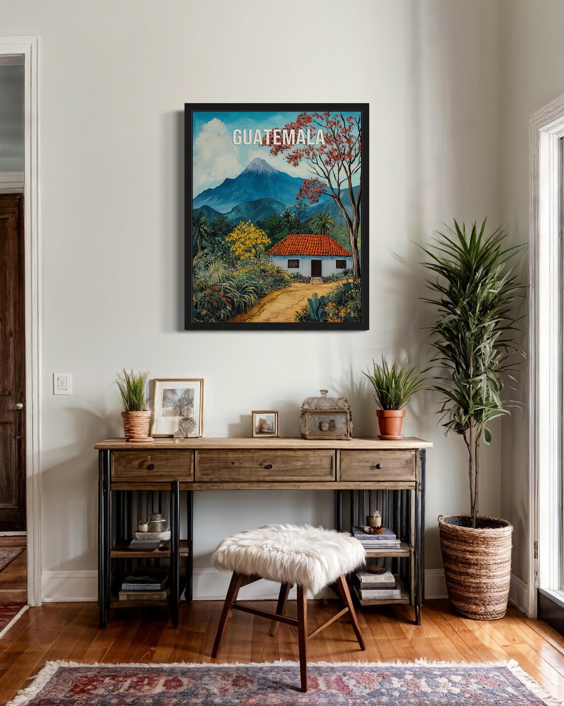 Guatemala Towering Volcano Red Roof Cottage Naive Folk Art Poster - Image 2