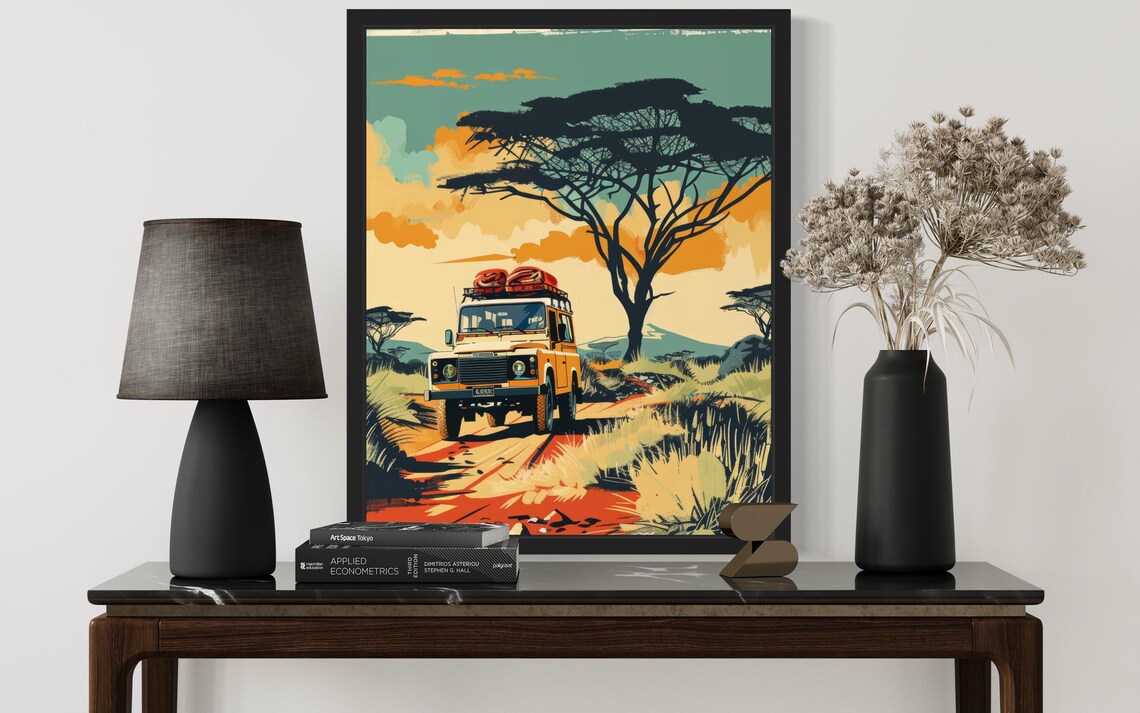 Retro Safari Land Rover 4x4 Driving African Dirt Road Poster - Image 2