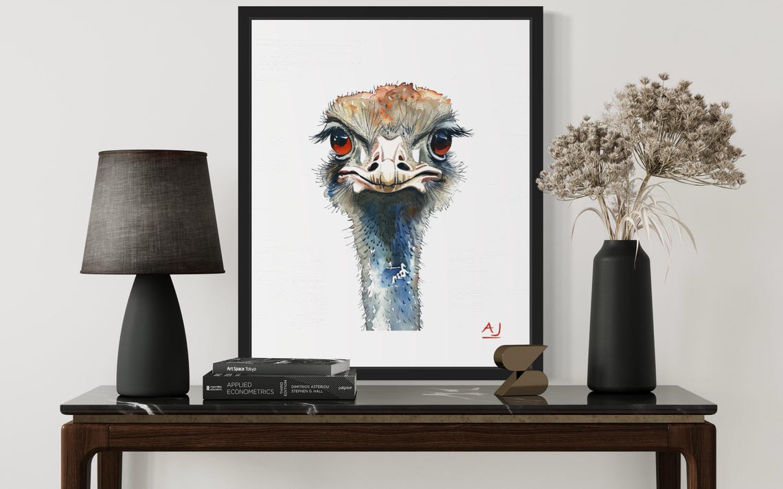 Ostrich Face Front View Close-Up Watercolor Bird Portrait Poster - Image 2