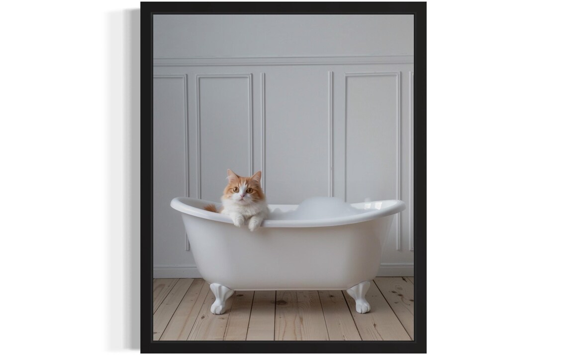 Fluffy Orange And White Cat Lounging In Vintage Clawfoot Tub Poster