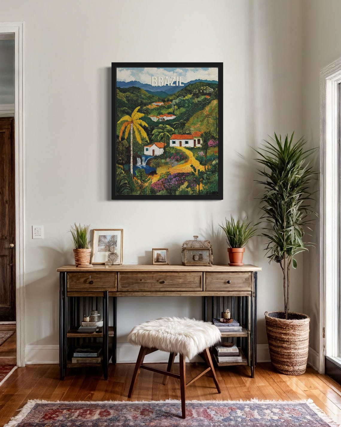 Brazil Bright Waterfall Village Lush Tropical Hills Folk Art Poster - Image 4