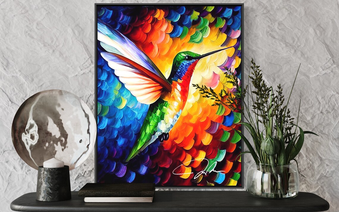 Colorful Hummingbird In Flight Jewel Tone Oil Painting Art Poster