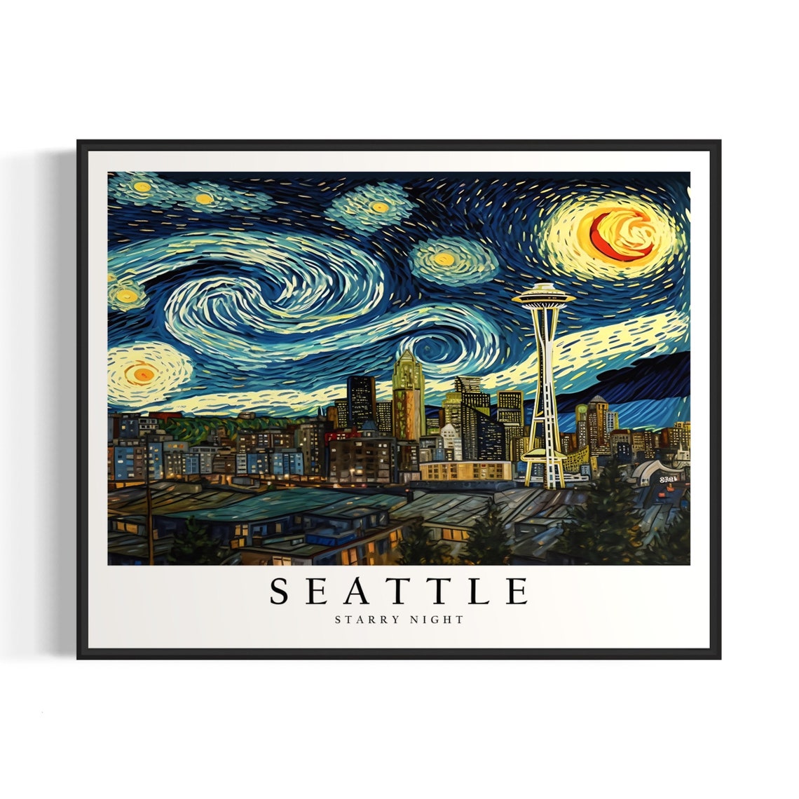 Seattle Space Needle Skyline Van Gogh Starry Night City Poster