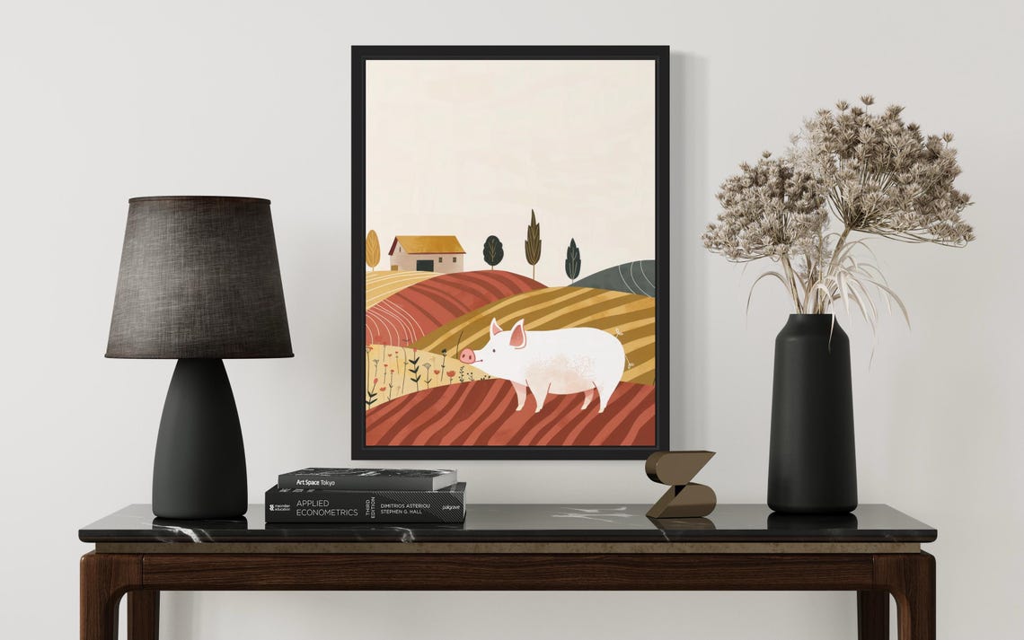 White Pig Rolling Hills Farmhouse Boho Landscape Art Decor Poster - Image 3
