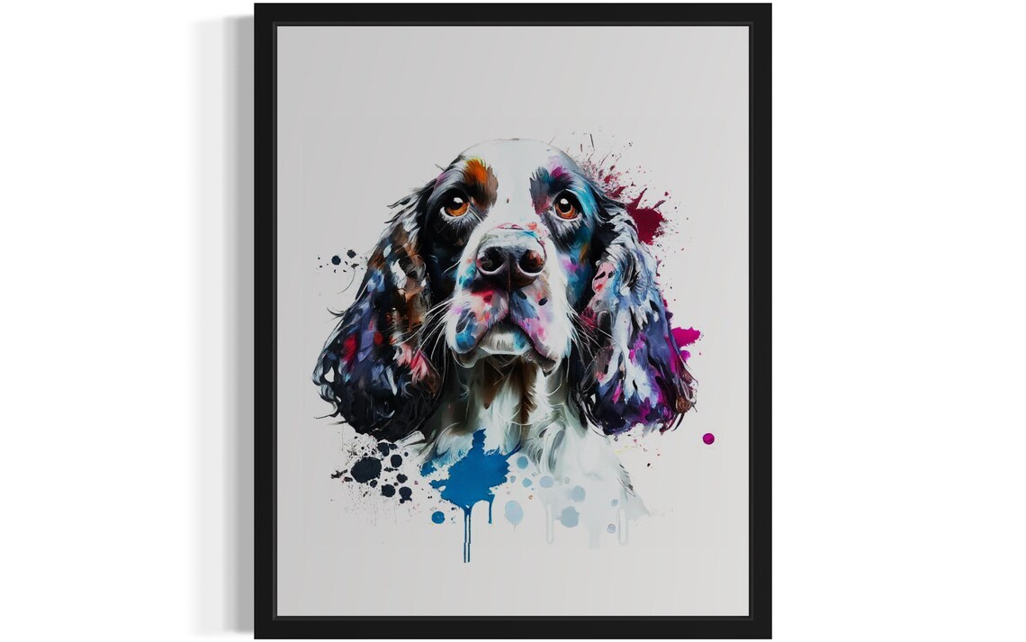 English Springer Spaniel Watercolor Splash Portrait Dog Art Poster