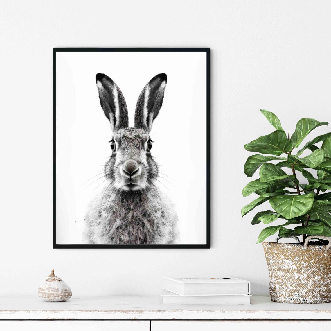 Hare Black and White Front Facing Long Eared Woodland Portrait Poster - Image 3