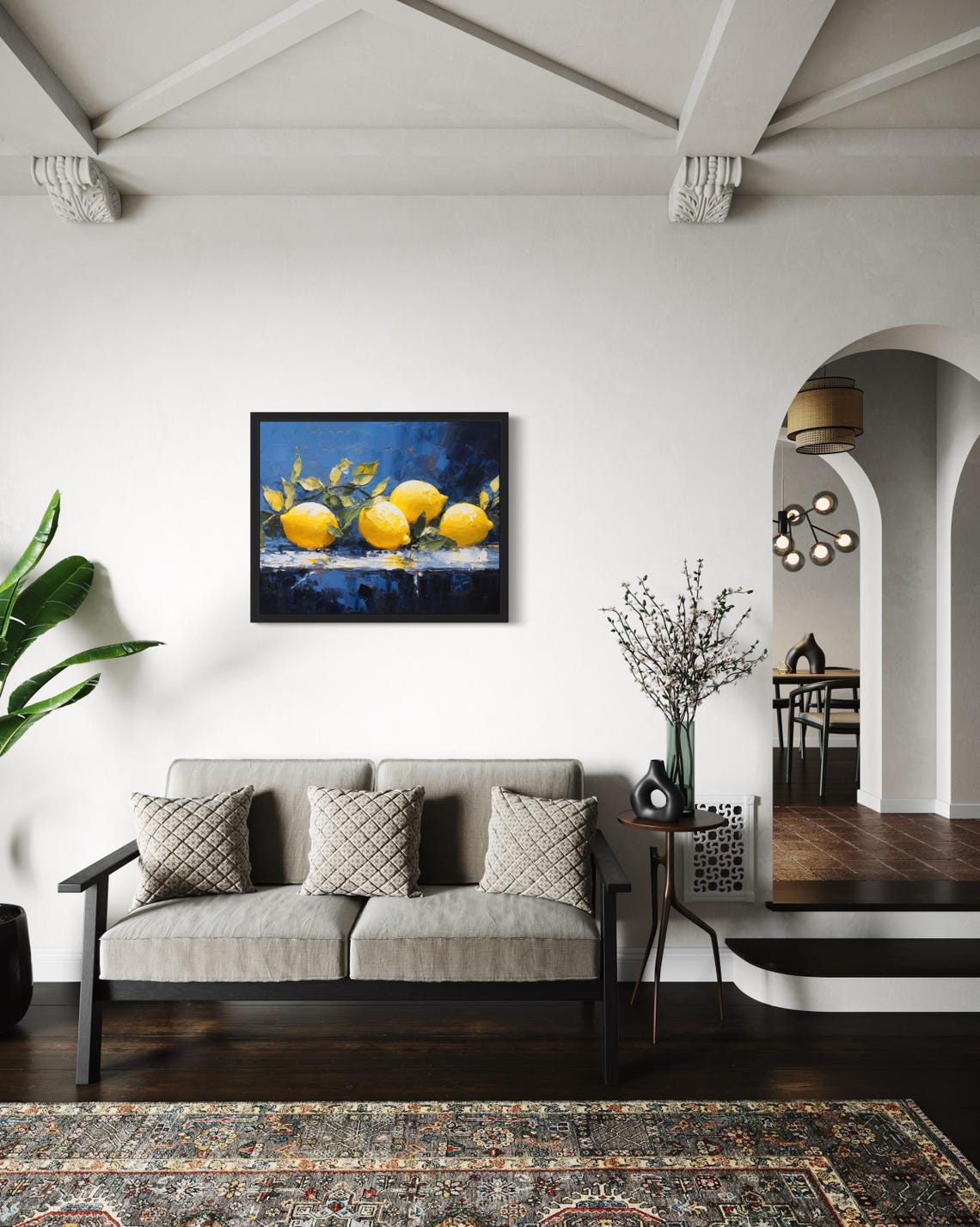 Yellow Lemons on Leafy Branch Against Deep Blue Painting Poster - Image 2
