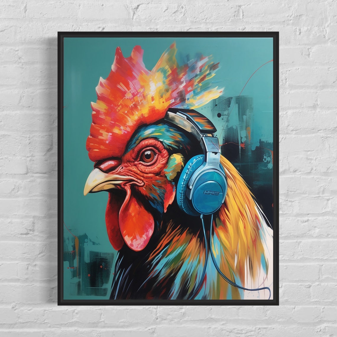 Rooster Wearing Headphones Bold Colorful Pop Art Bird Poster