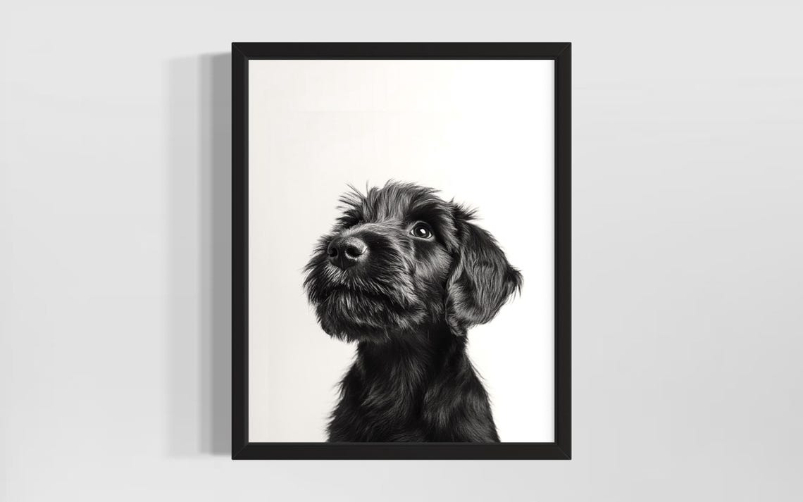 Black Shaggy Puppy Dog Portrait Minimalist Black and White Wall Poster