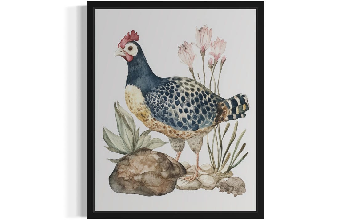 Guinea Fowl on Rocks with Pink Blossoms Watercolor Bird Poster