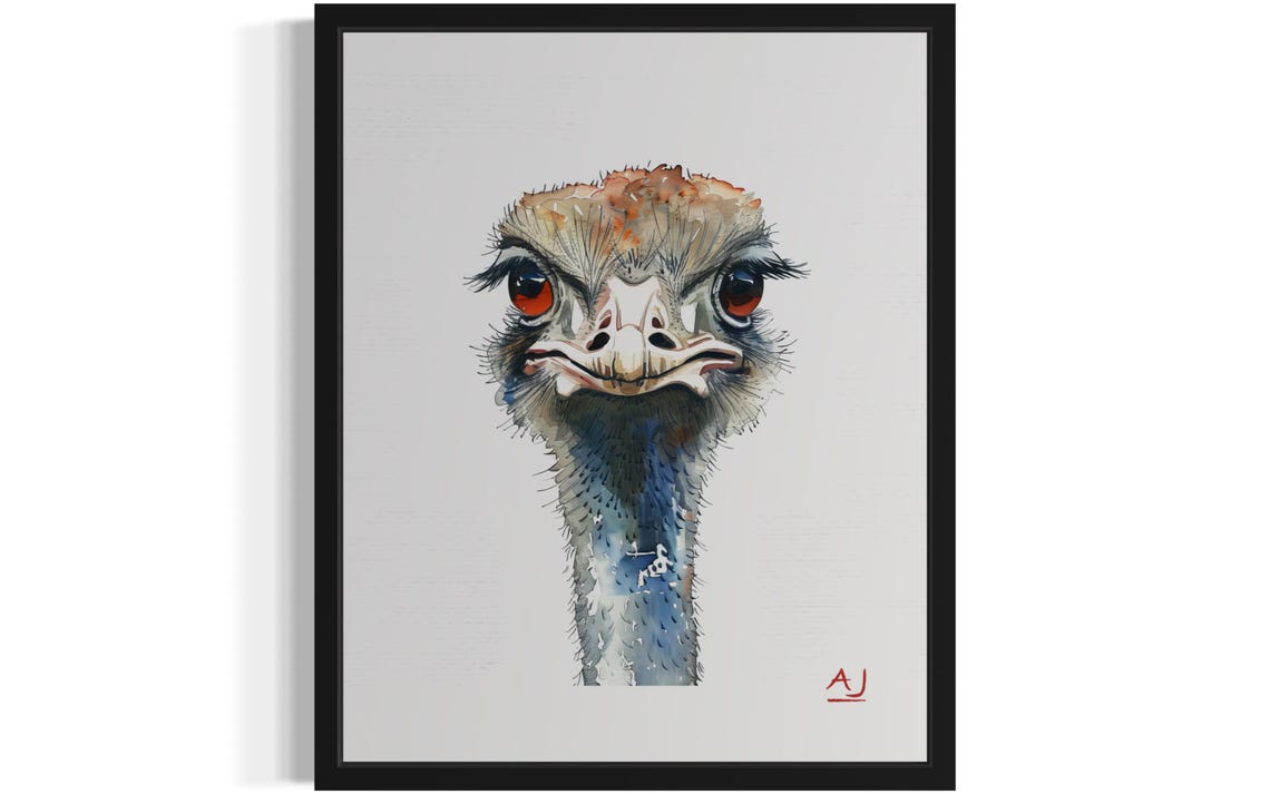 Ostrich Face Front View Close-Up Watercolor Bird Portrait Poster