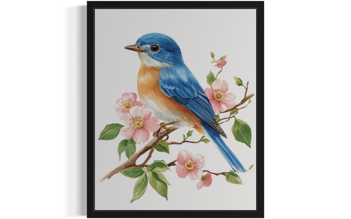 Eastern Bluebird on Blossom Branch Botanical Watercolor Poster