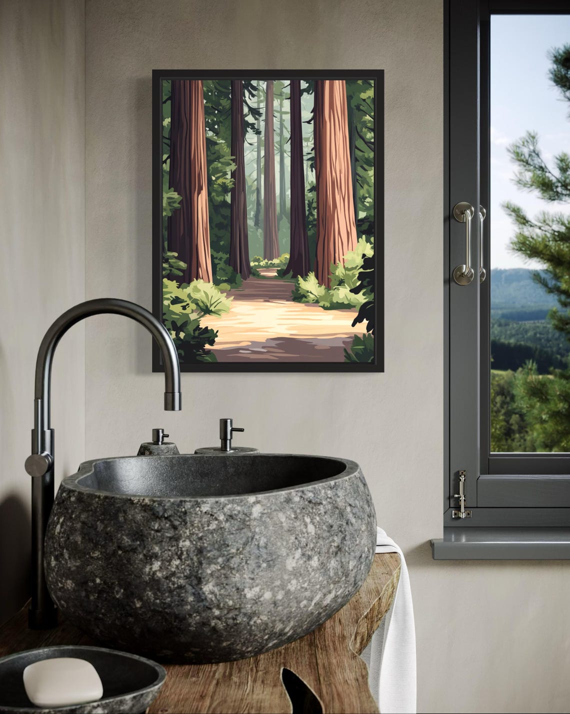 Towering Redwood Forest Path Sunlit National Park Boho Art Poster - Image 4
