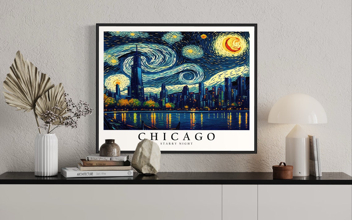 Chicago Illinois Lakefront Skyline Van Gogh Starry Night City Poster - Image 2