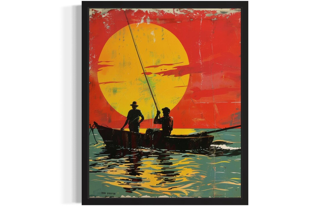 Sunset Fishermen Silhouettes in Boat Giant Red Sun Art Poster