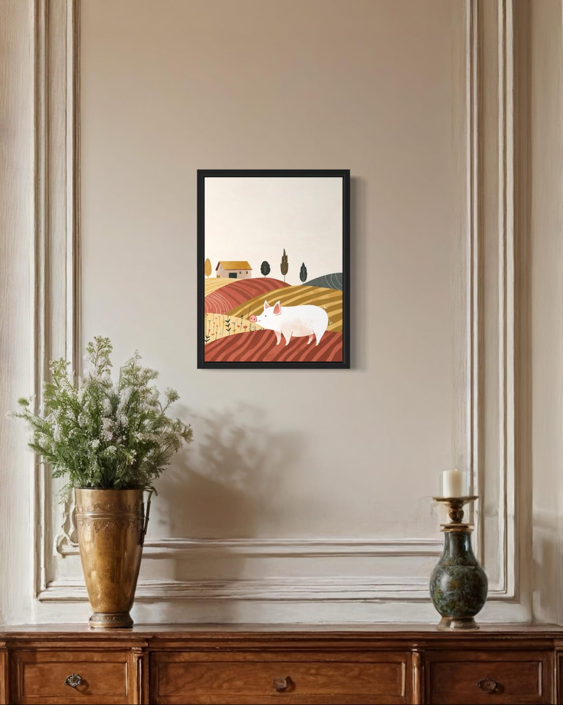 White Pig Rolling Hills Farmhouse Boho Landscape Art Decor Poster - Image 2