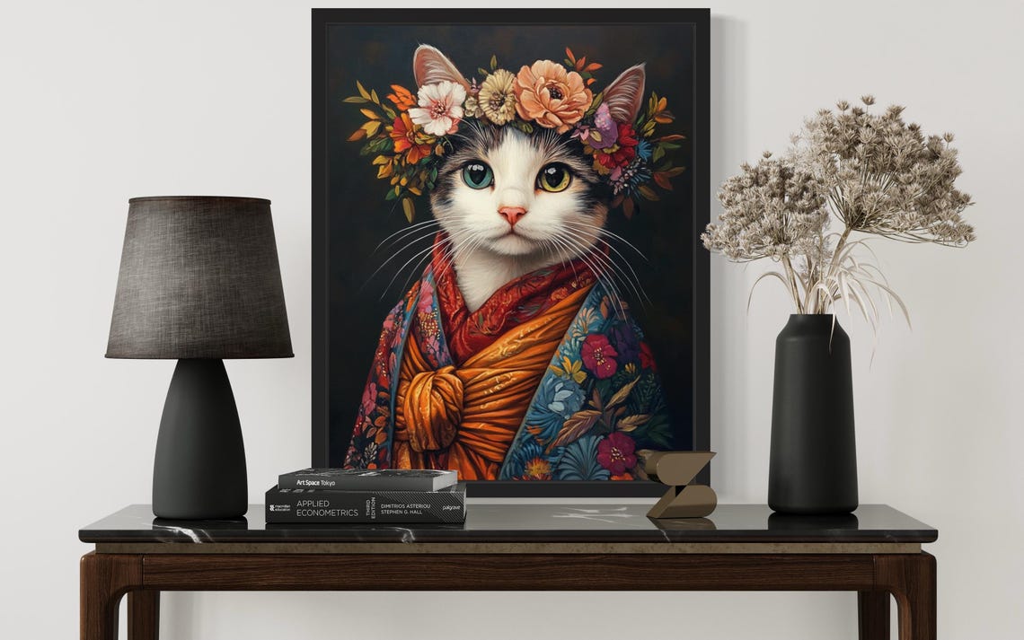 Cat Wearing Flower Crown and Orange Kimono Fine Art Decor Poster - Image 3