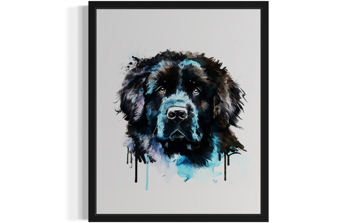 Newfoundland Dog Black Blue Watercolor Splash Portrait Poster